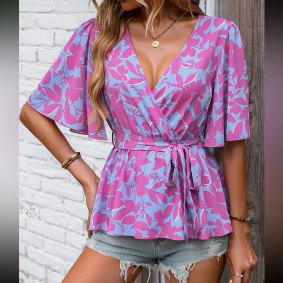 Boho floral print butterfly sleeve belted blouse - Picture 12 of 12